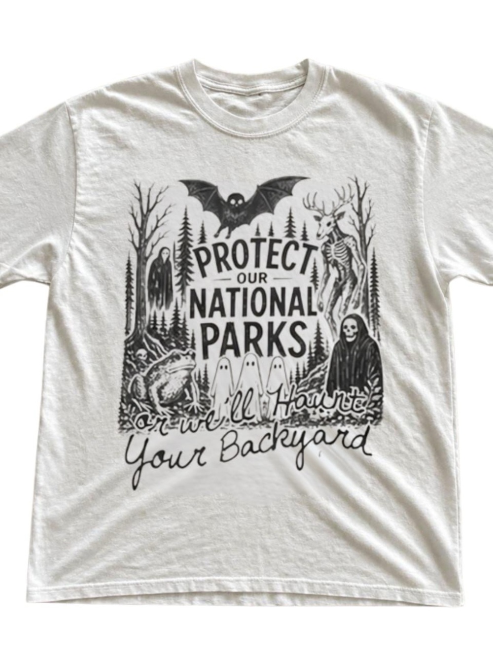 Gildan White Graphic Tee, Protect Our National Parks Spooky